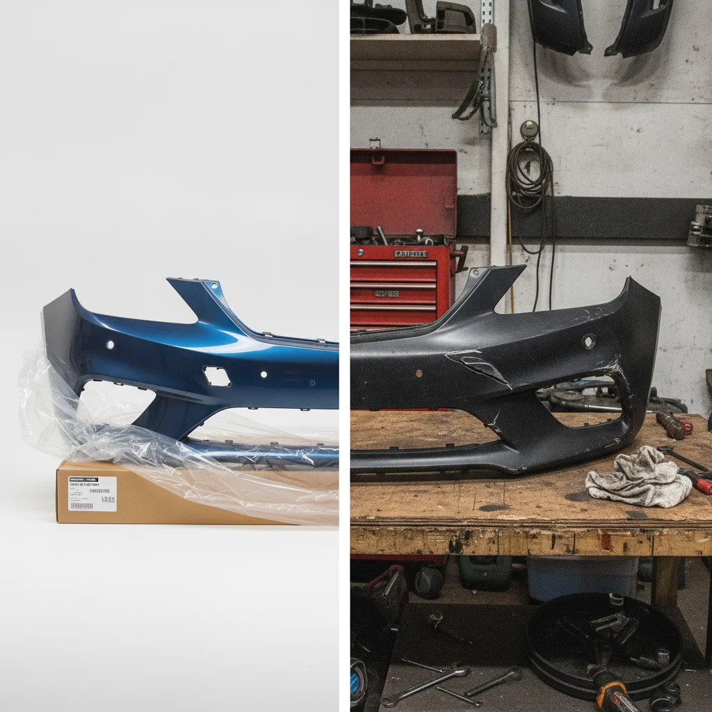 OEM car bumper in packaging next to a used salvage bumper on a repair shop workbench