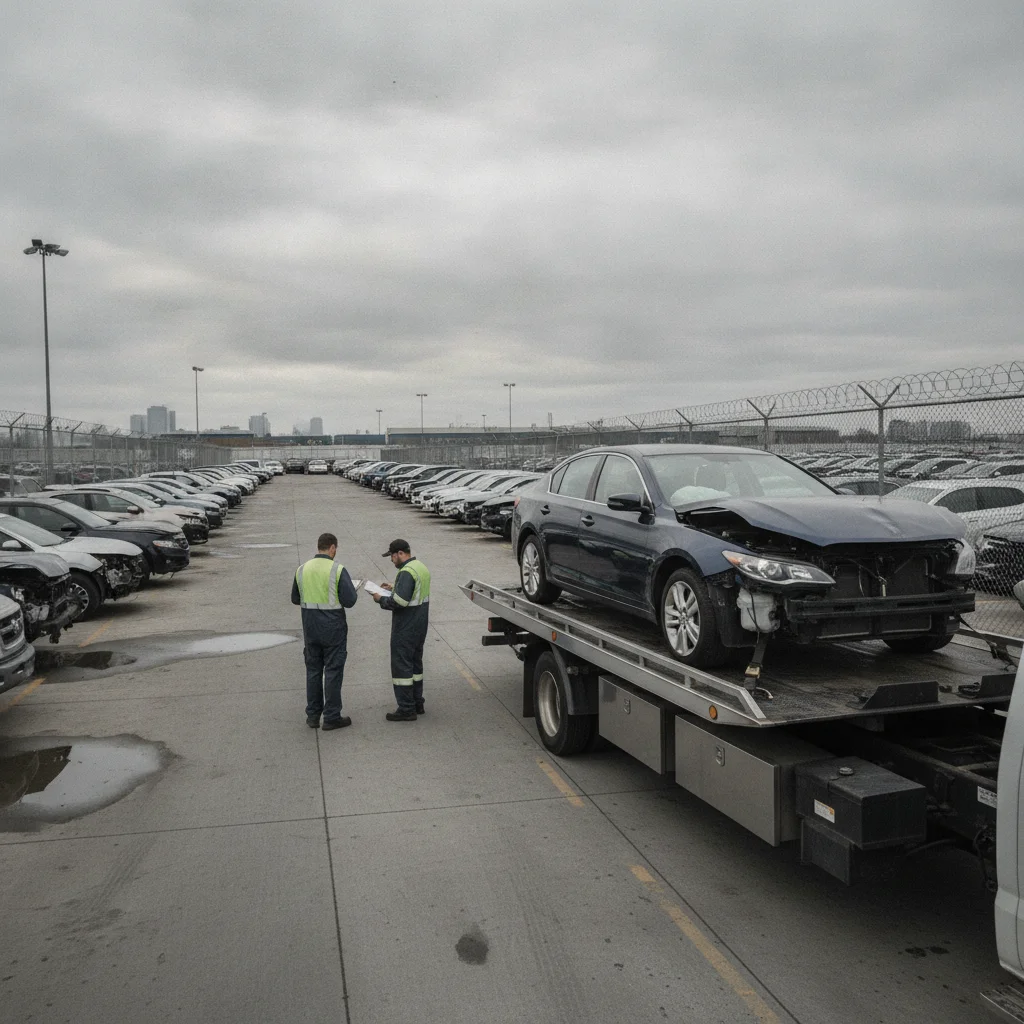 Damaged sedan on a flatbed tow truck at an auto insurance inspection facility