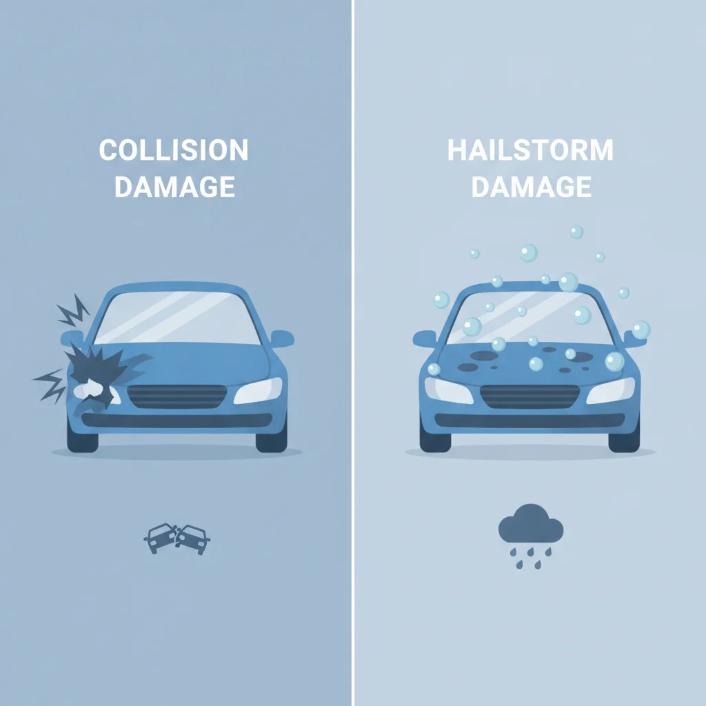 Side-by-side illustration showing collision damage on one car and hail damage on another car
