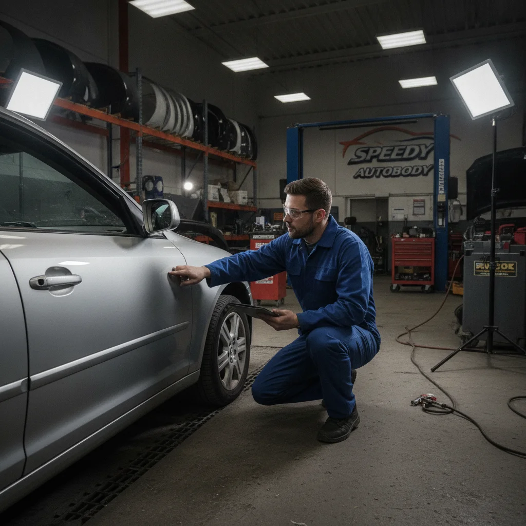 Auto body shop technician inspecting collision damage on a car door panel