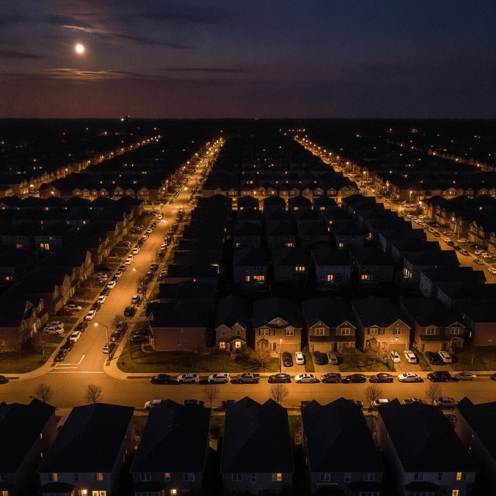 Aerial night view of suburban neighborhood with parked cars under streetlights