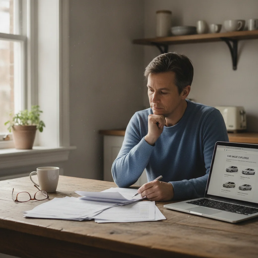 Person reviewing car insurance renewal paperwork at kitchen table with laptop showing vehicle valuation tool
