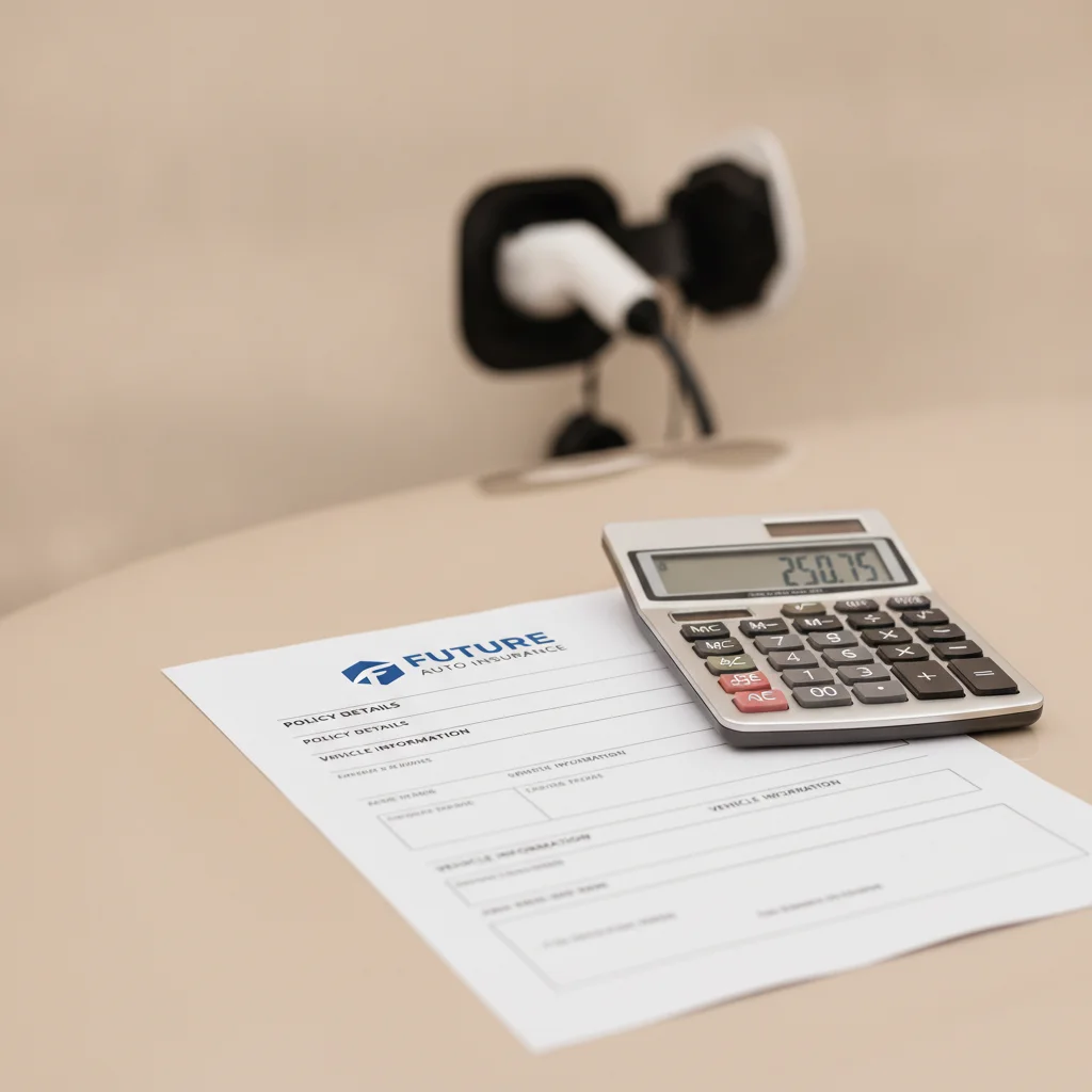 Insurance documents and calculator on car hood with electric vehicle charging port in background