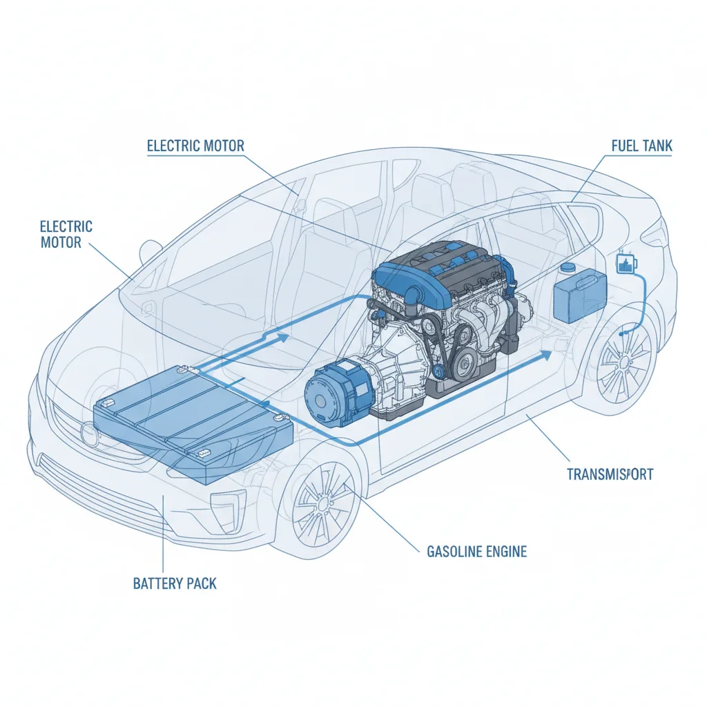 Cutaway illustration of plug-in hybrid vehicle showing both battery pack and gasoline engine components