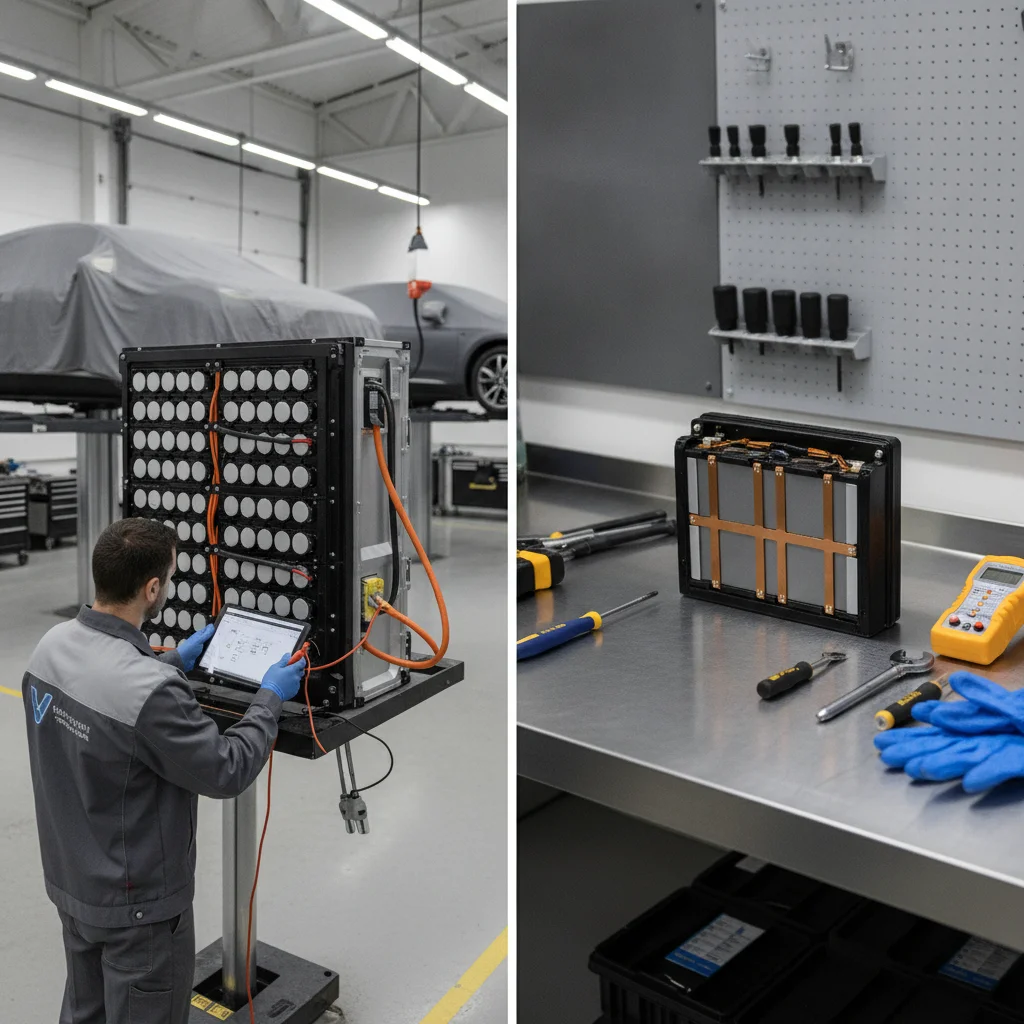 Certified technician inspecting large BEV battery pack compared to smaller PHEV battery module on workbench