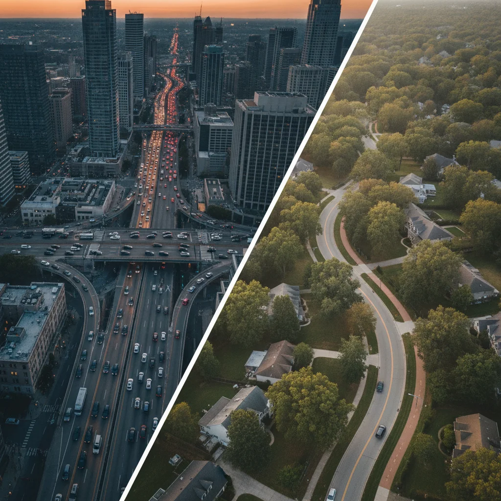 Aerial split view of busy urban intersection versus quiet suburban road illustrating geographic risk differences
