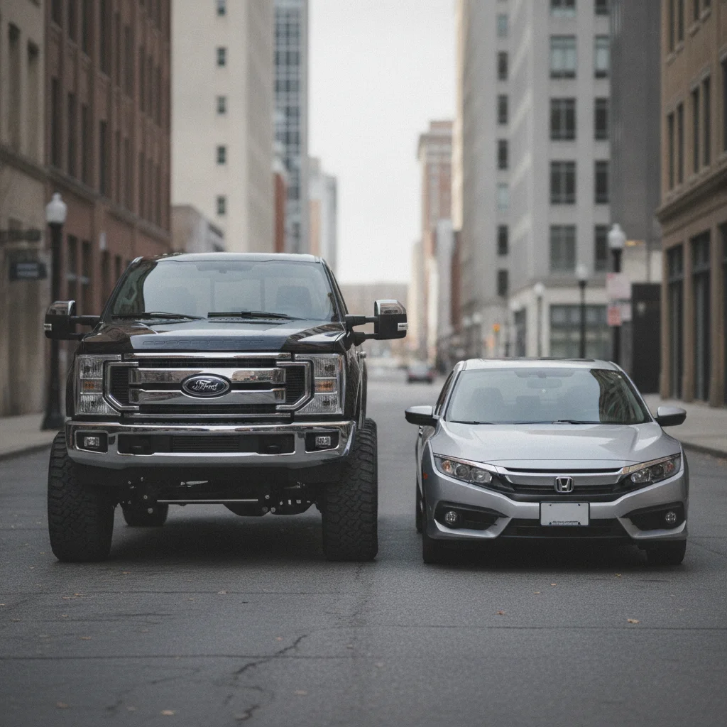 Large pickup truck and compact sedan parked side by side on a city street