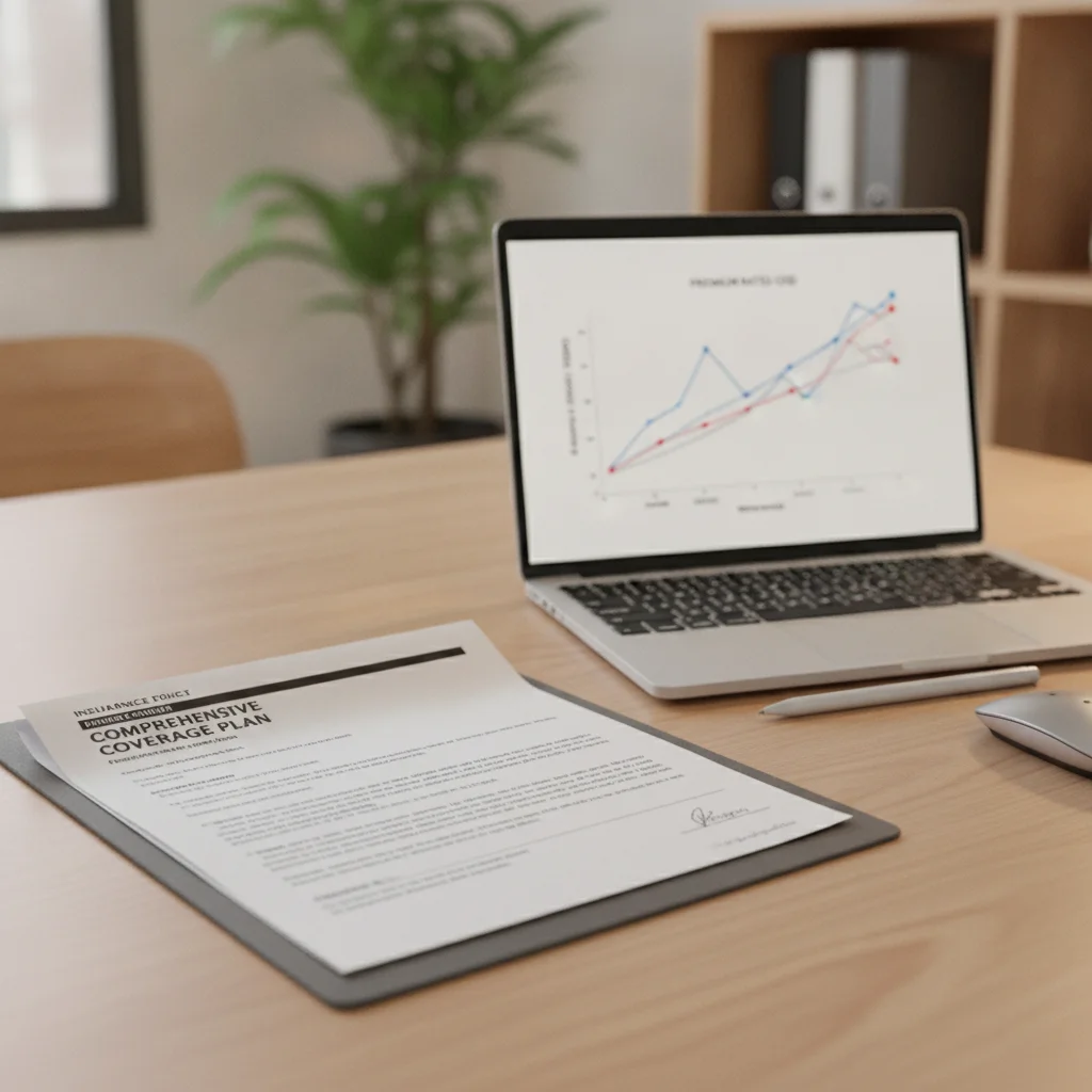 Insurance policy document next to a laptop showing a premium rate trend chart