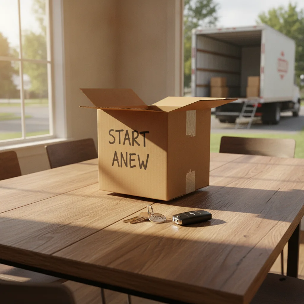 Moving box and house keys alongside a car key symbolizing relocation and insurance rate changes