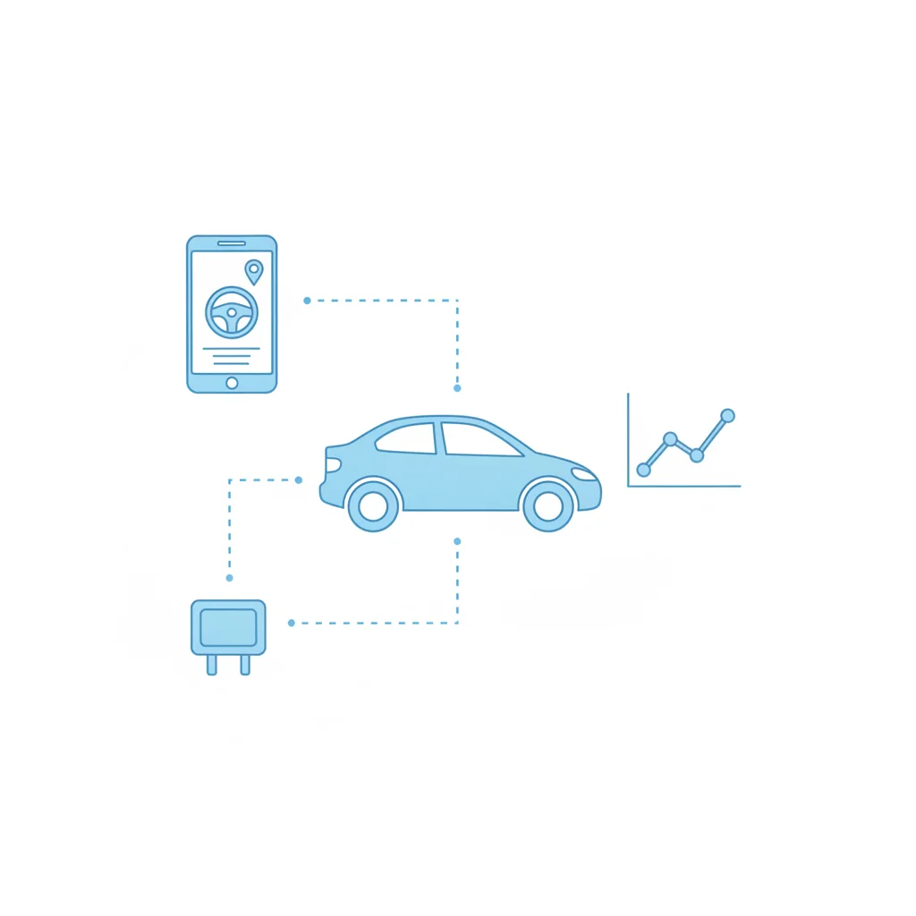 Infographic showing three telematics data collection methods: OBD-II dongle, smartphone app, and embedded hardware