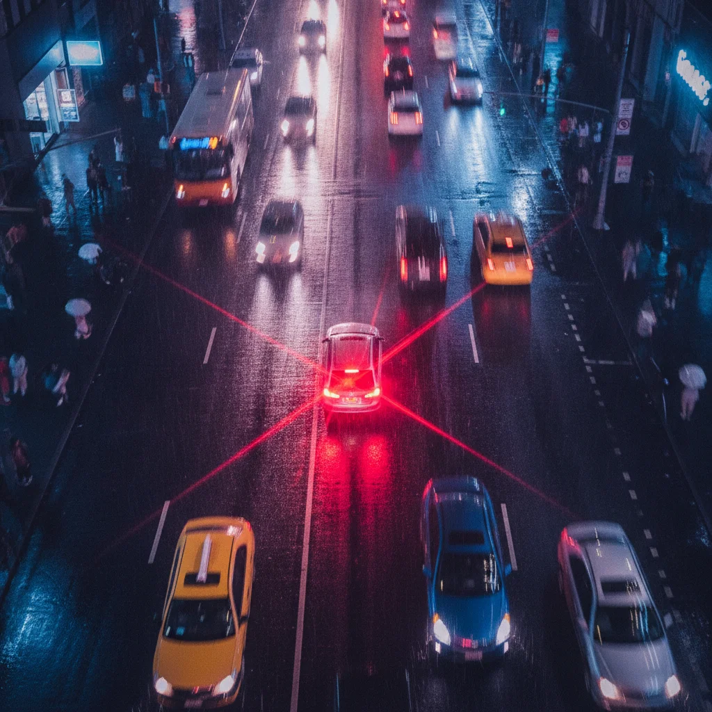 Car brake lights glowing red on a wet city road at night, illustrating a hard-braking event