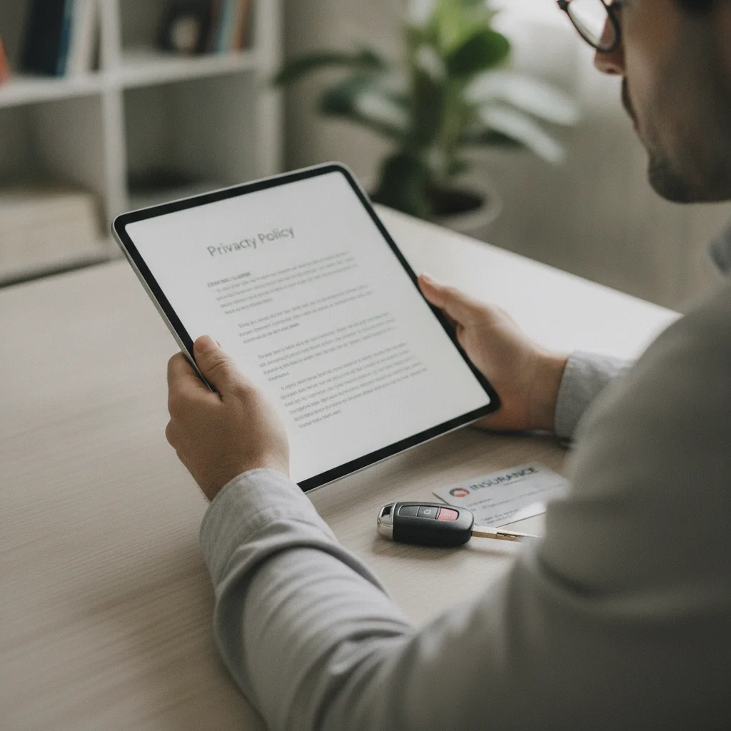 Person reading a telematics insurance program privacy policy on a tablet beside car keys and insurance documents
