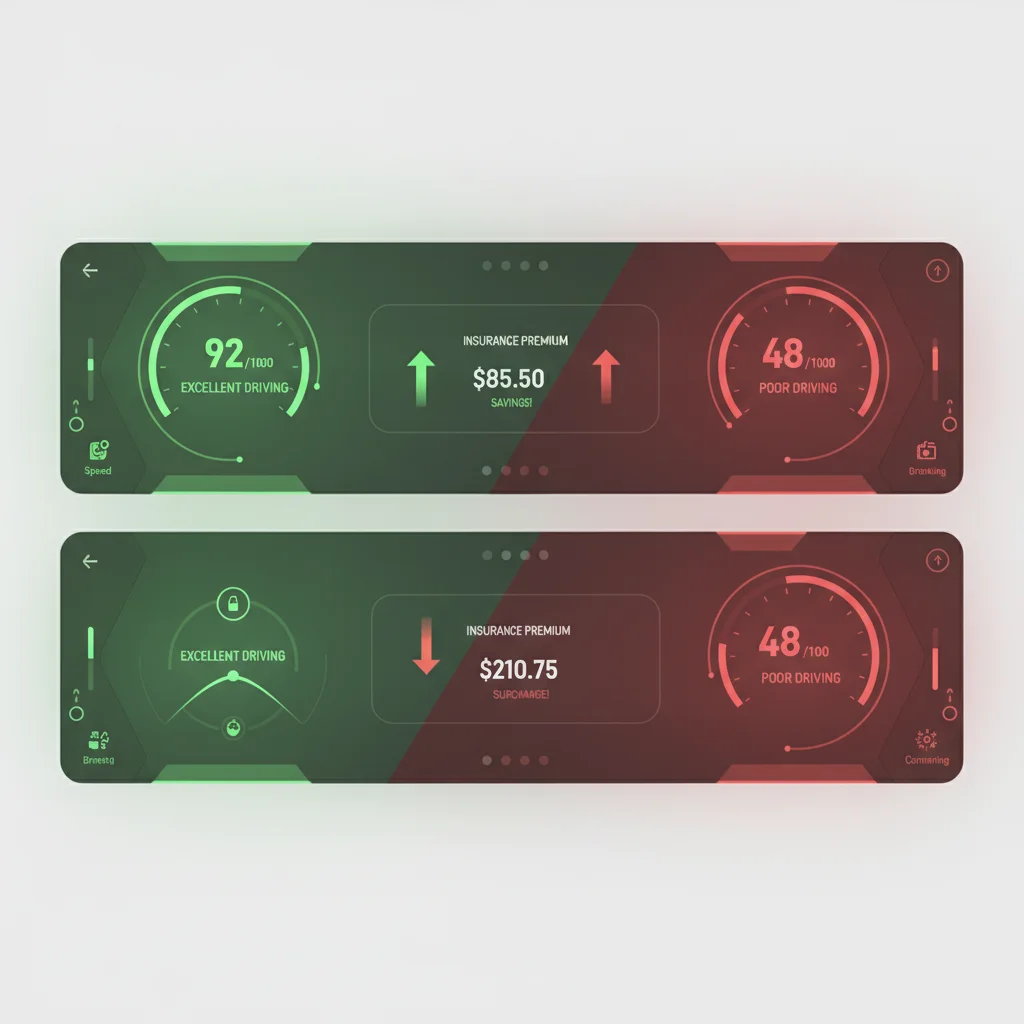 Split screen comparison of high and low telematics driving scores showing corresponding insurance premium differences
