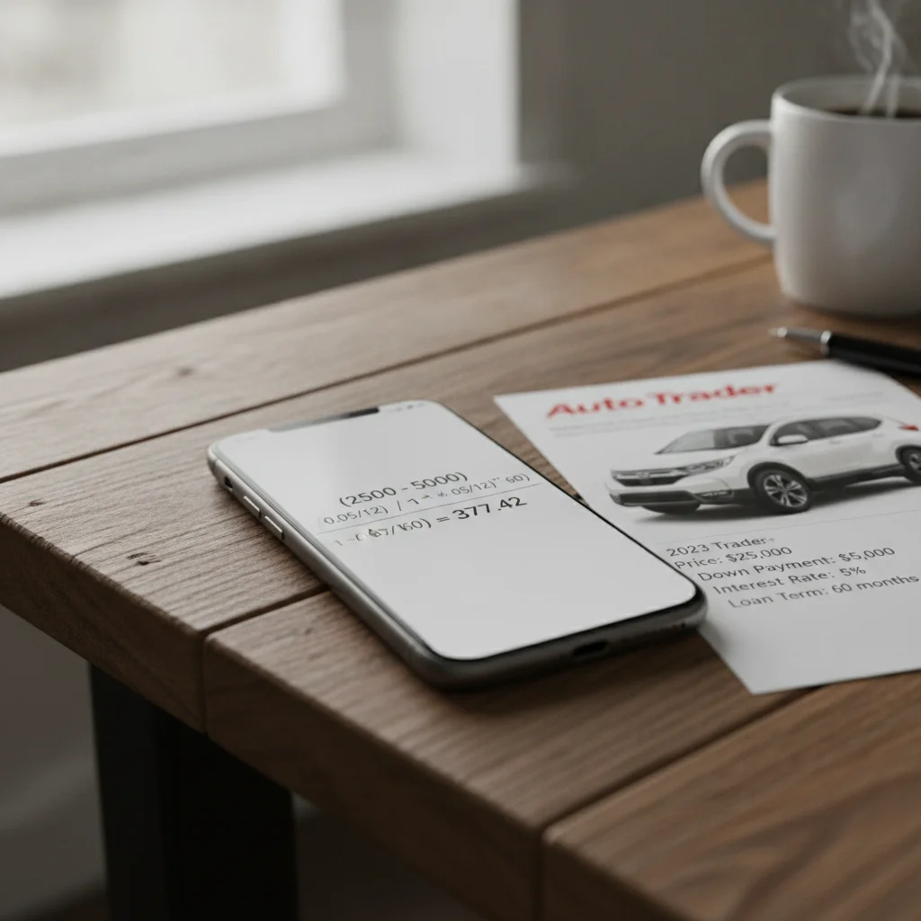 Smartphone showing monthly car payment calculation next to a printed private-party car listing