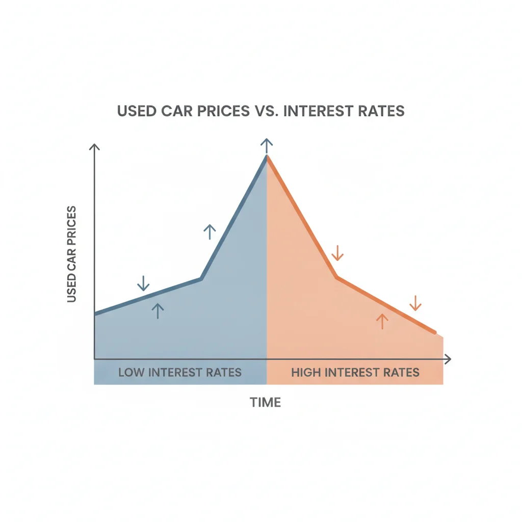 Line graph illustrating the inverse relationship between interest rates and used car prices over time
