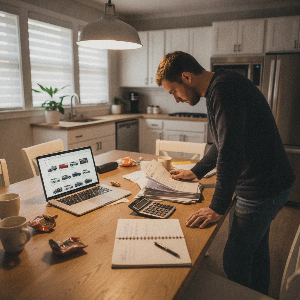 Person researching car sale pricing at a kitchen table with laptop and calculator