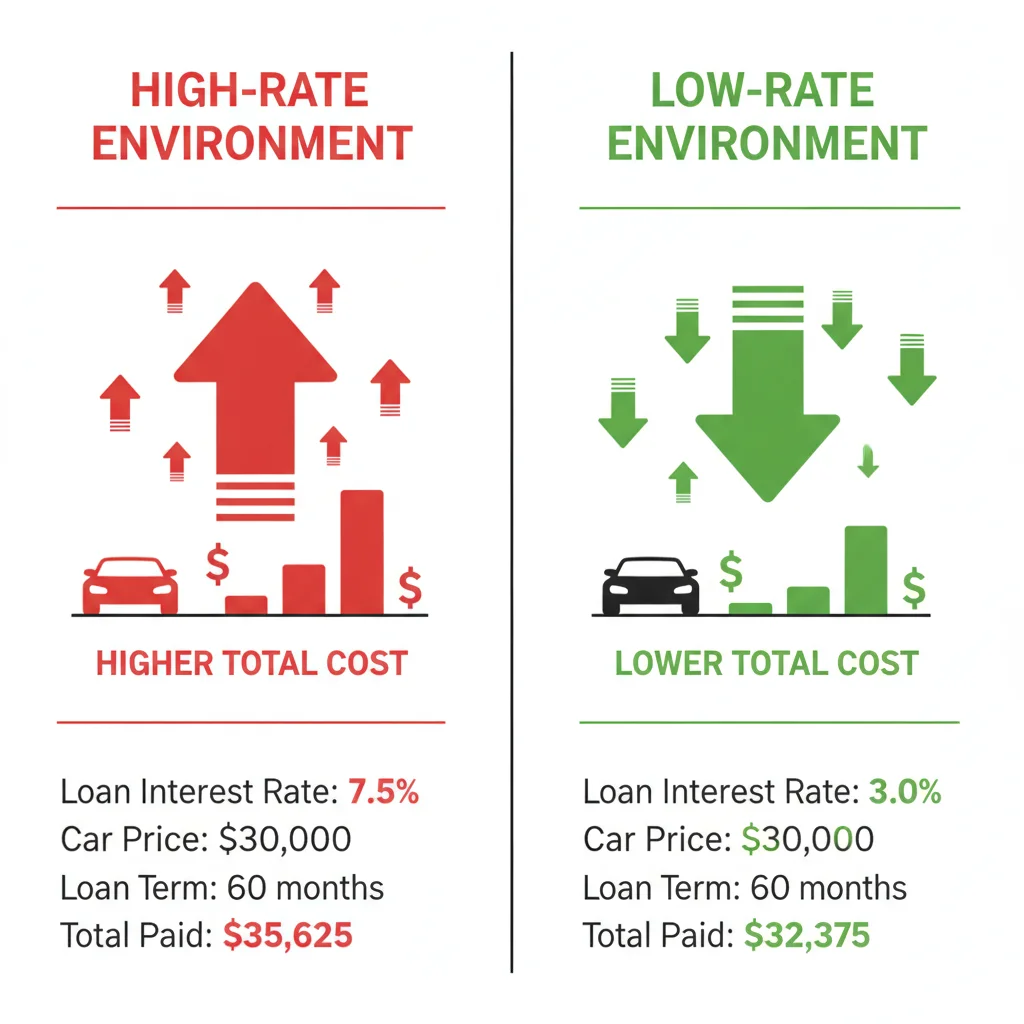 Side-by-side comparison of car loan total costs in high-rate versus low-rate interest environments