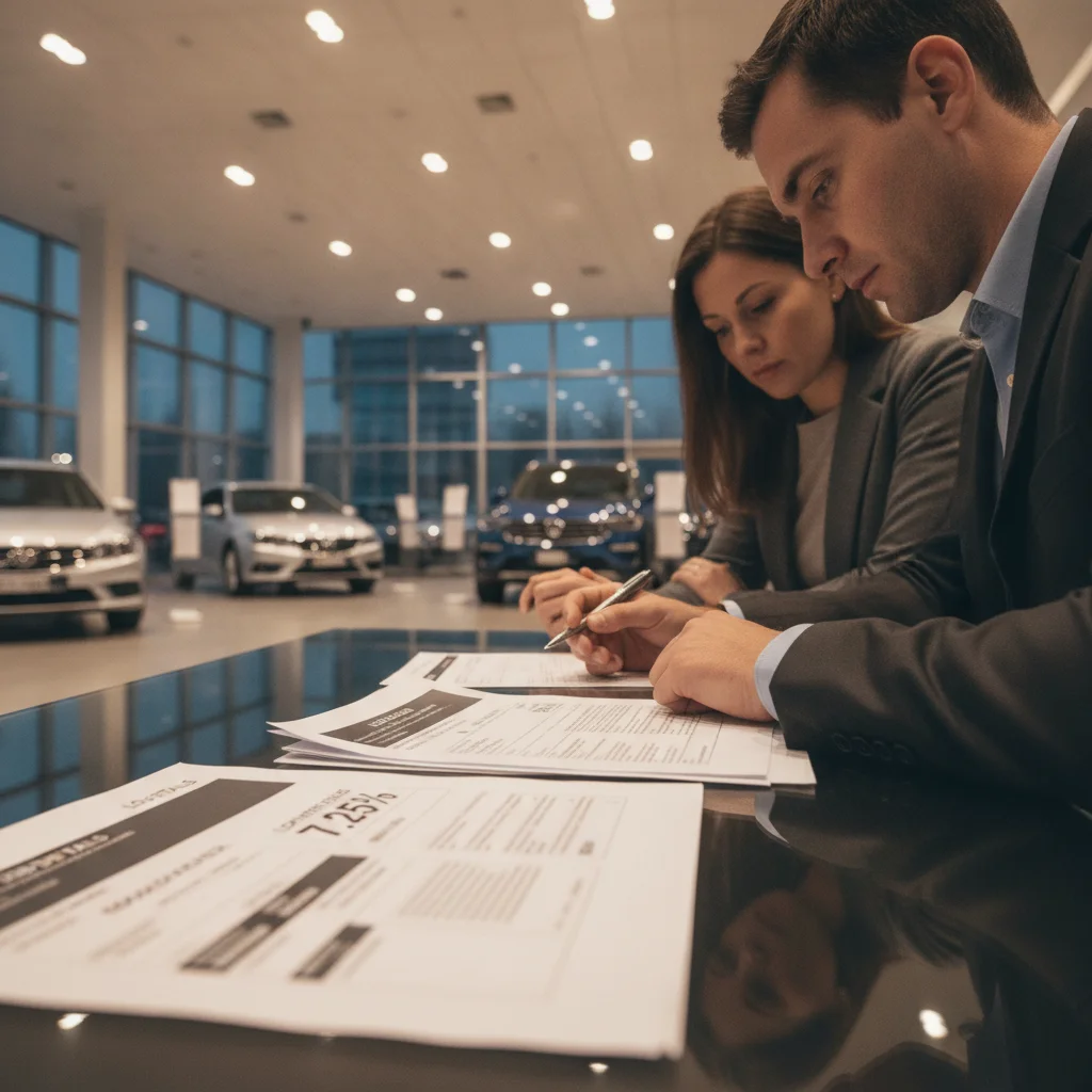 A couple reviewing auto loan financing paperwork at a dealership desk with a salesperson