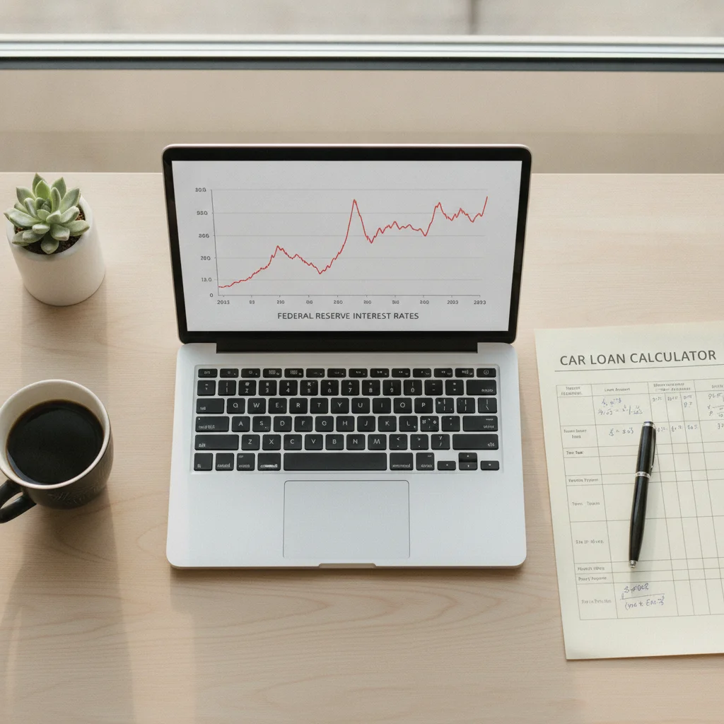 Laptop displaying Federal Reserve interest rate graph alongside a printed auto loan calculation sheet and pen