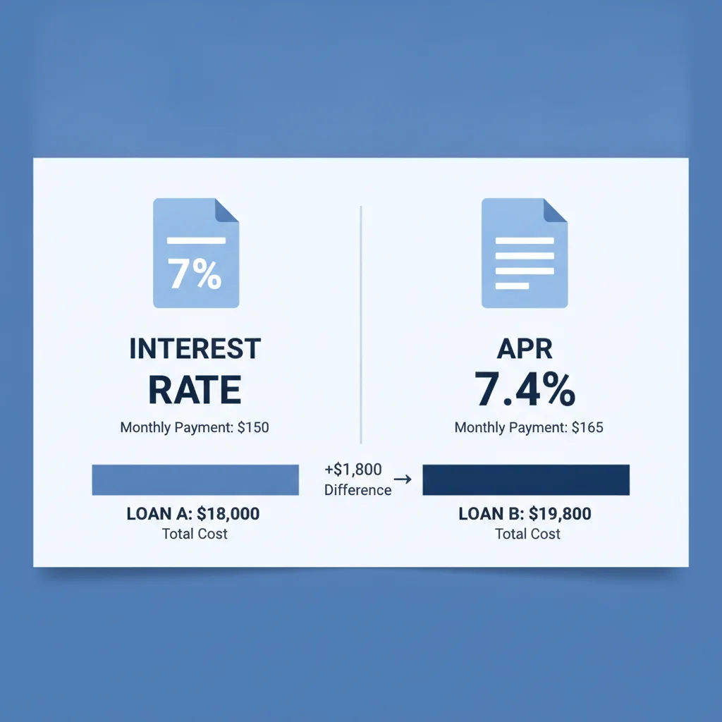 Side-by-side comparison infographic showing the difference between a 7% interest rate and 7.4% APR on an auto loan
