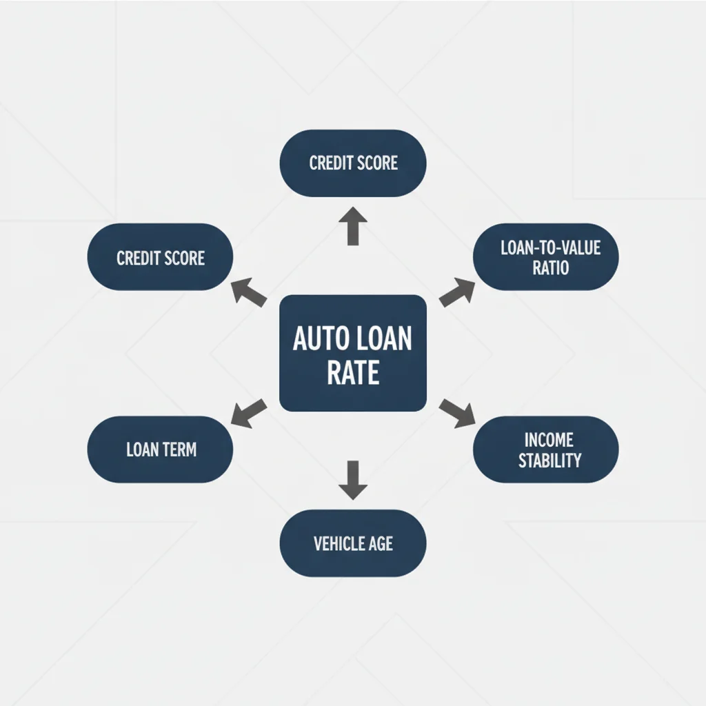 Hub-and-spoke diagram showing five key factors that determine an auto loan interest rate beyond credit score
