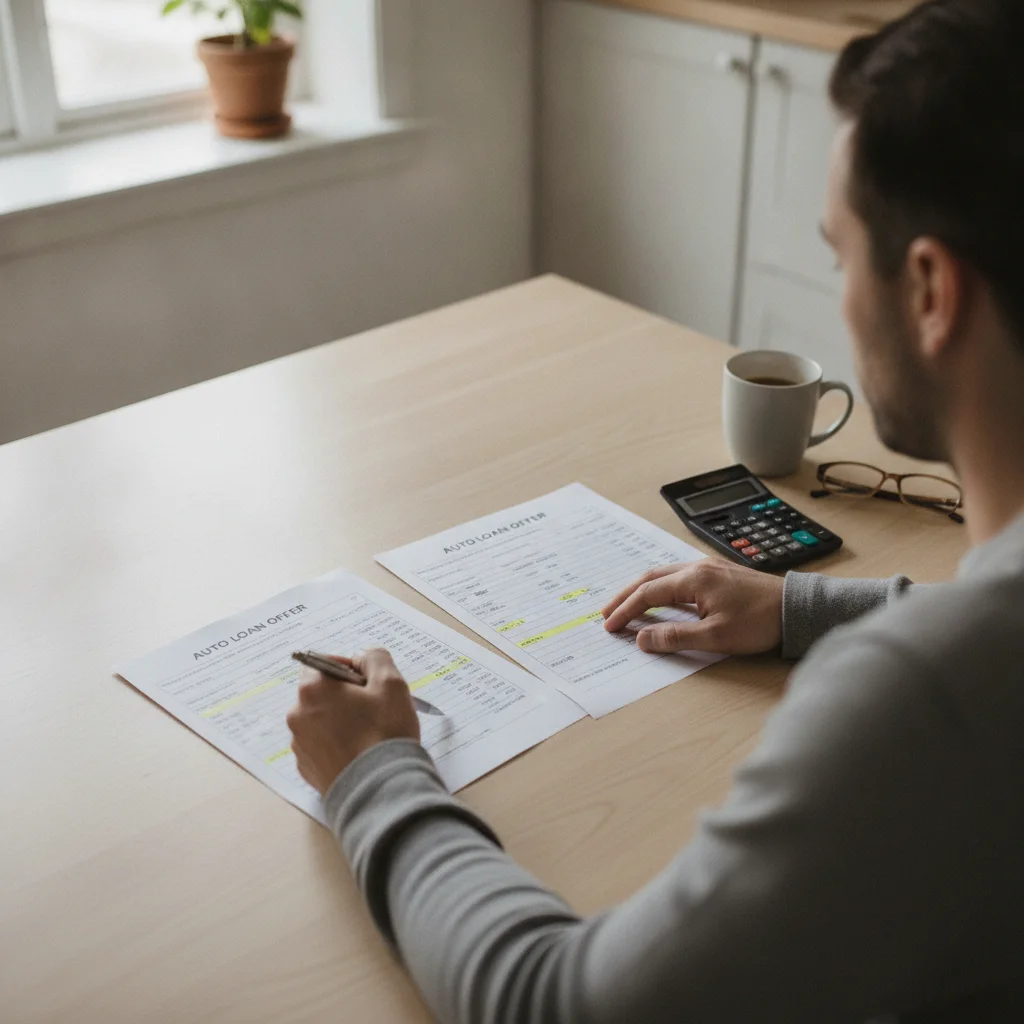 Person comparing two auto loan offer documents side by side at a home desk with a calculator