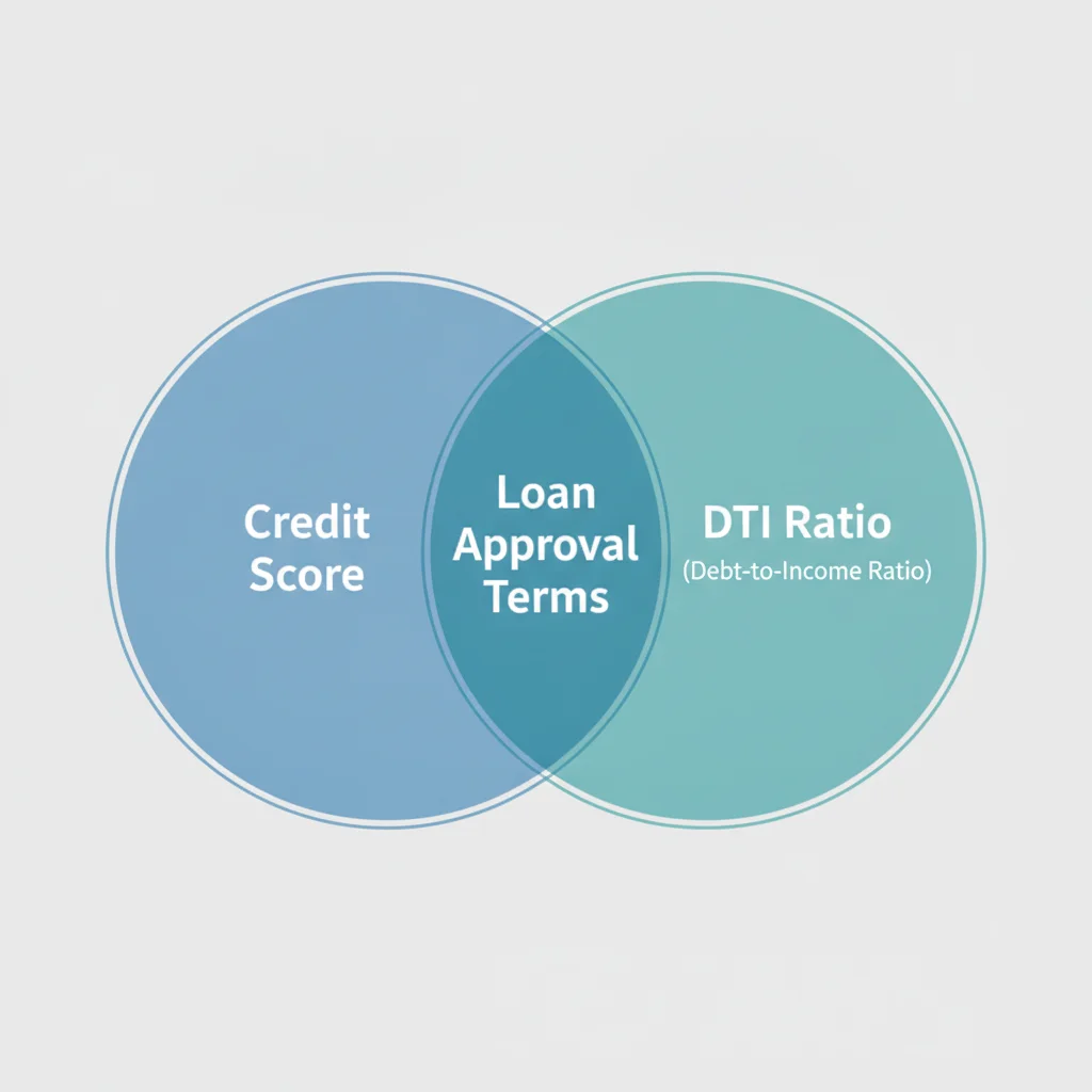 Venn diagram showing credit score and DTI ratio overlapping to determine loan approval terms