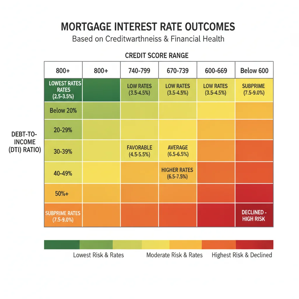 Heat map grid showing how different combinations of credit scores and DTI ratios result in varying auto loan interest rates