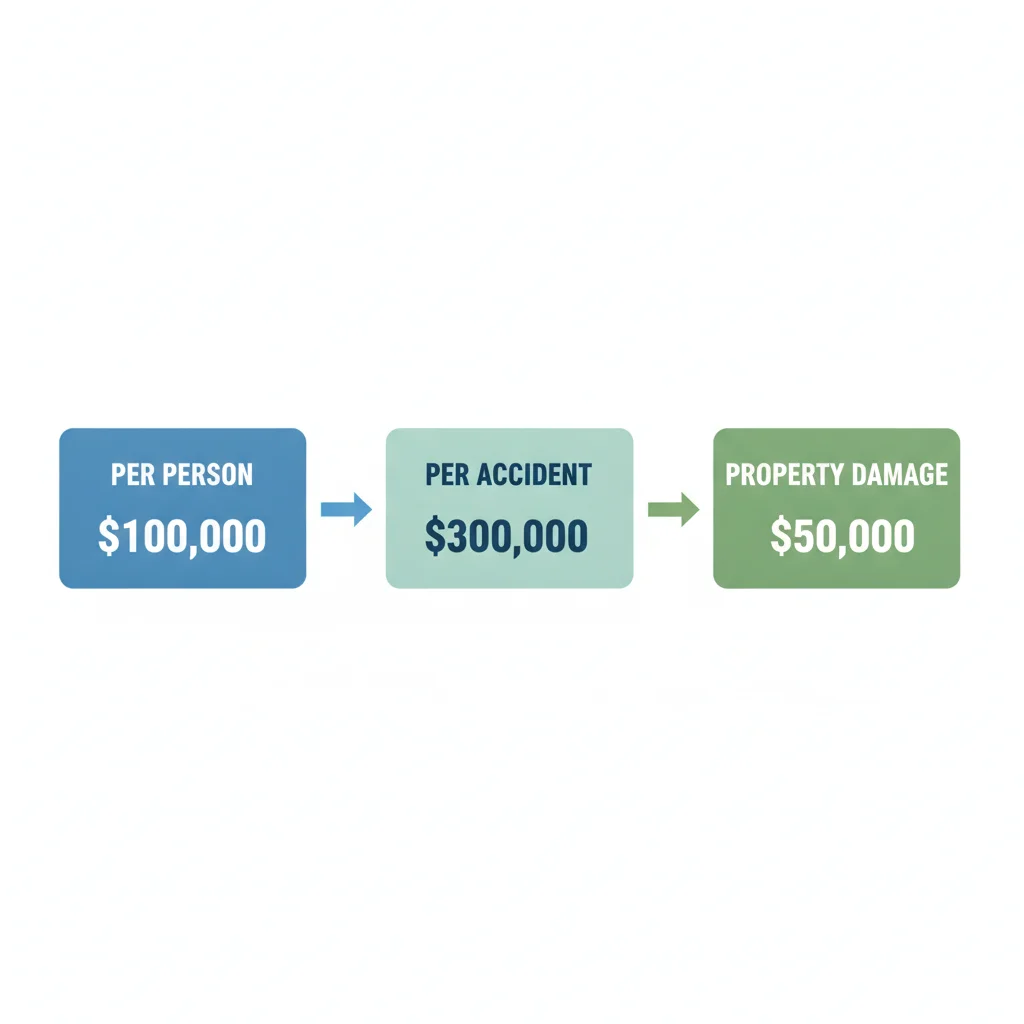 Diagram illustrating the three components of split liability coverage limits per person, per accident, and property damage