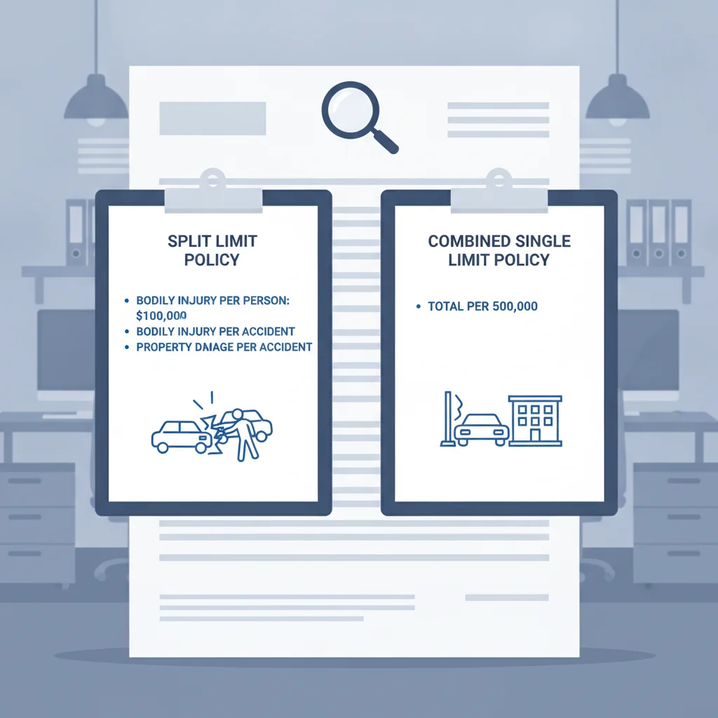 Side-by-side comparison chart of split limit and combined single limit auto insurance policy structures
