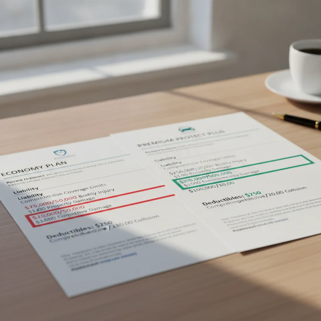 Two insurance quote documents side by side showing different liability coverage limit levels for policy comparison