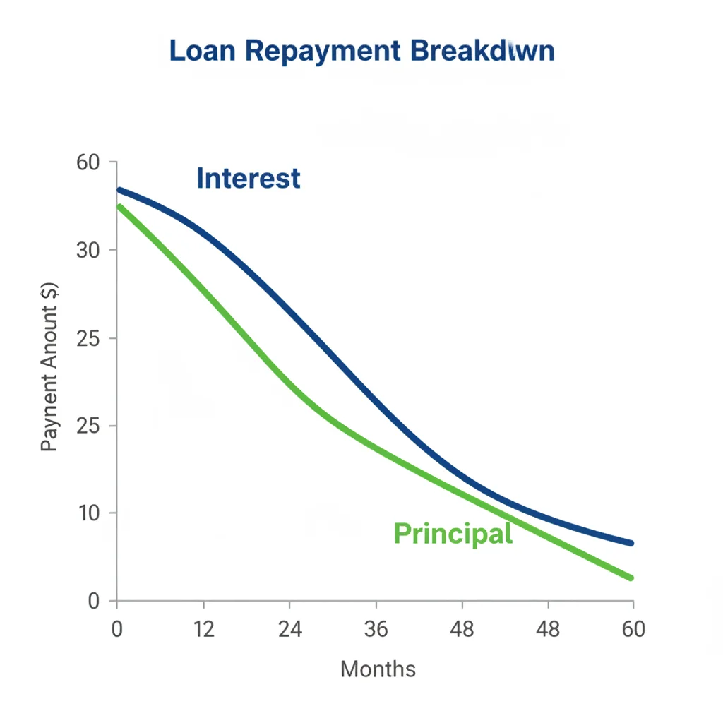 A line graph showing how interest declines and principal increases across 60 monthly loan payments.