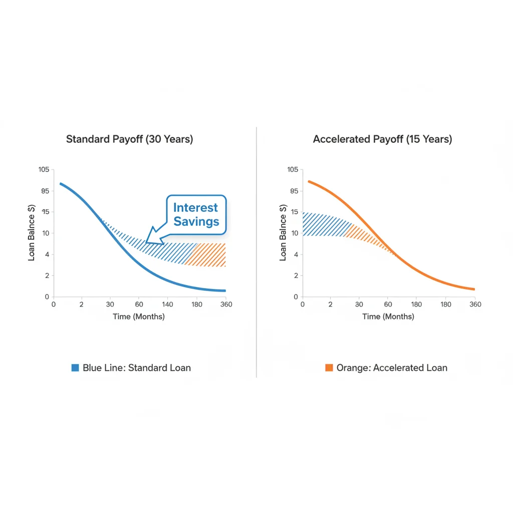 Two loan payoff timeline curves side by side showing how extra early payments shorten total loan duration.