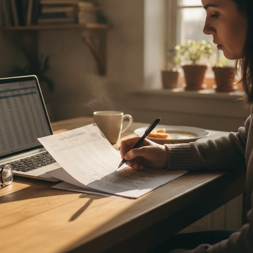 A person reviewing a printed auto loan payoff schedule at a kitchen table with a laptop open nearby.