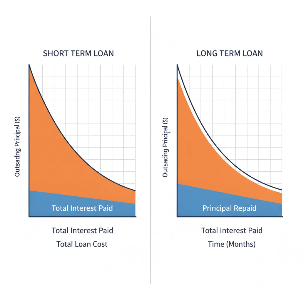Two amortization curves comparing short-term and long-term auto loans with total interest paid highlighted