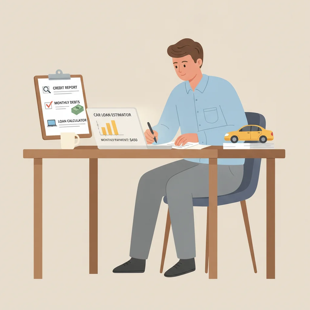 Person reviewing a pre-application checklist for an auto loan including credit report and monthly debt calculations