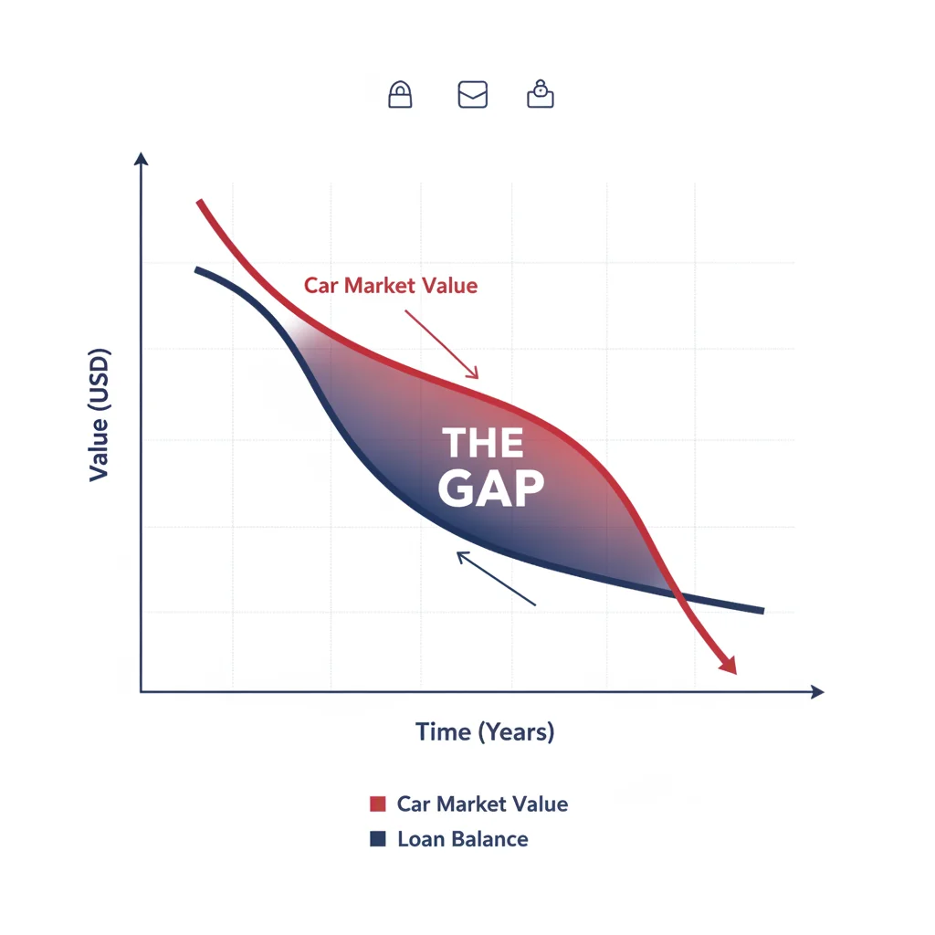 Graph showing vehicle market value declining faster than loan balance with a shaded gap area between the two lines