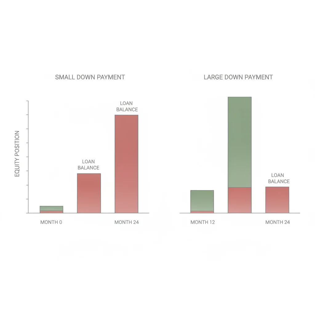 Bar chart comparing equity positions at 0, 12, and 24 months for low versus high down payment car buyers