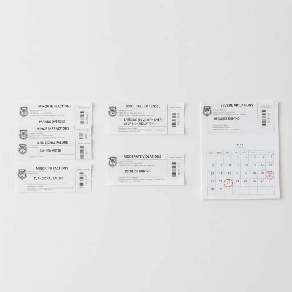 Various traffic violation tickets laid out on a white surface beside an open calendar