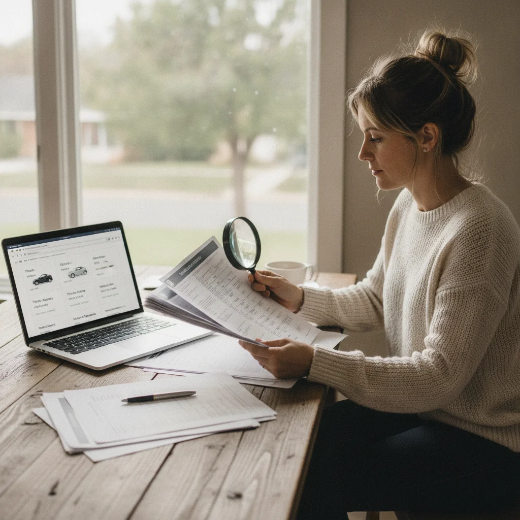 Person reviewing car insurance quotes on a laptop while comparing policy documents on a desk
