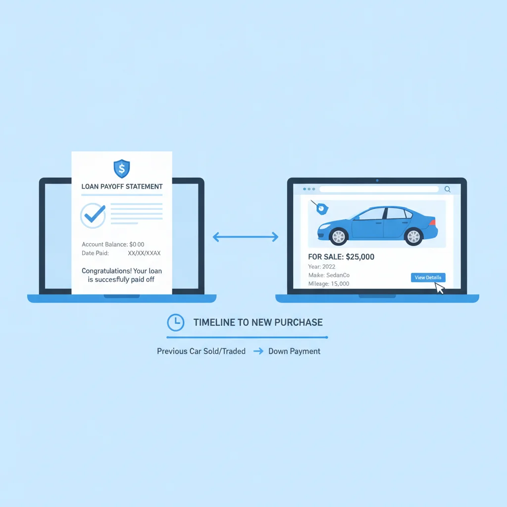 Split illustration showing a loan payoff document and a car listing on a laptop connected by a timeline