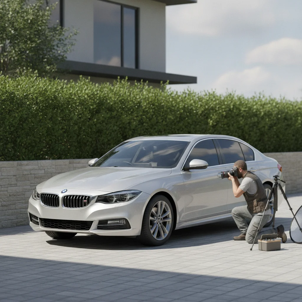 Person photographing a clean silver sedan in a driveway for a private sale listing