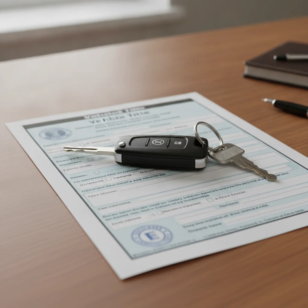 Clean vehicle title document and car keys arranged on a wooden desk ready for transfer