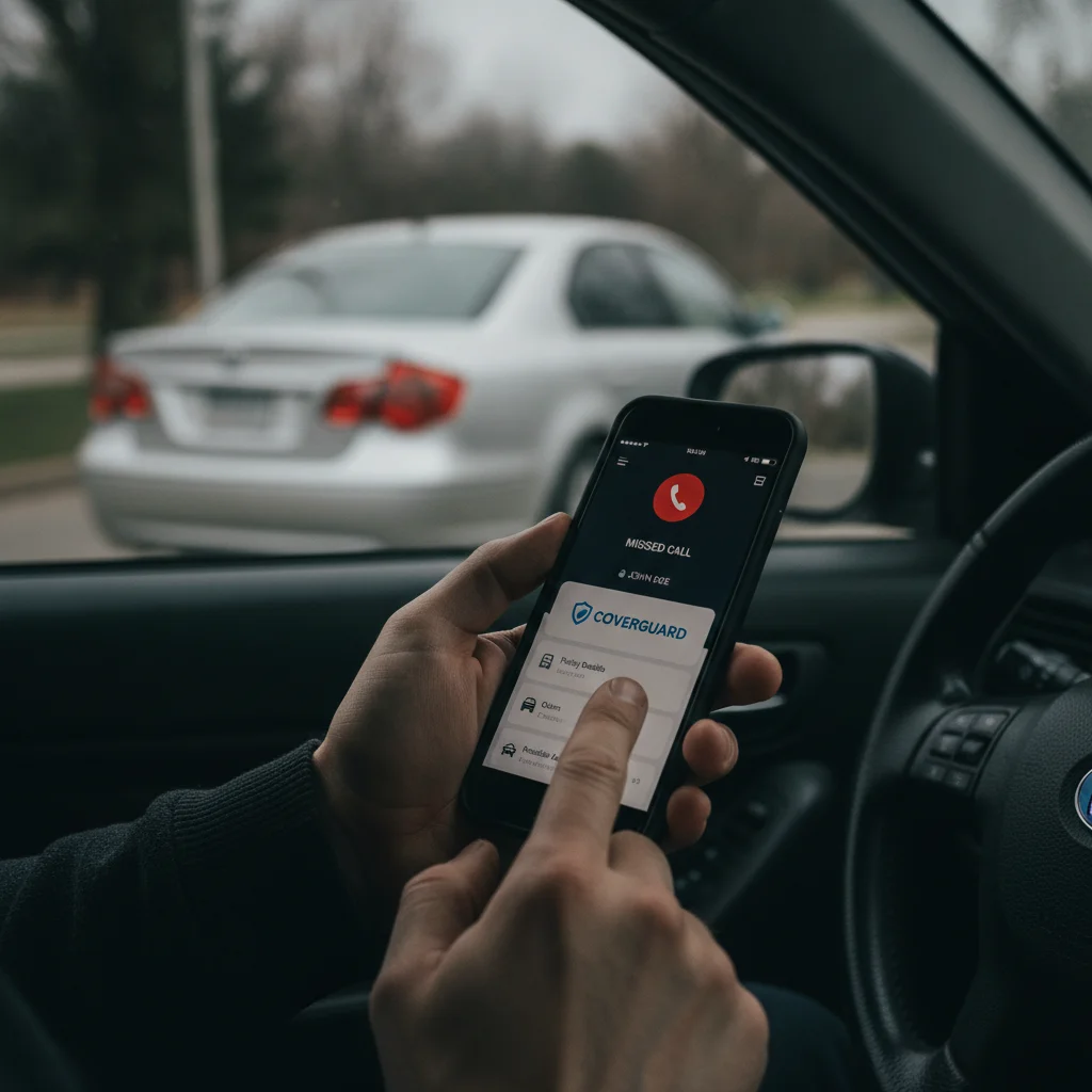 Person holding a smartphone with insurance app open after a car accident, urgent notification visible