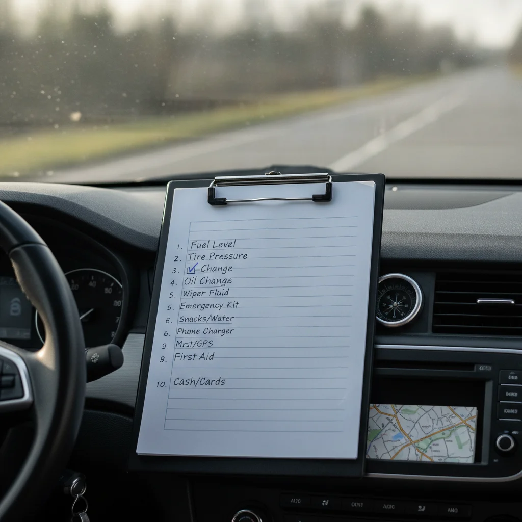 A numbered post-accident checklist on a clipboard placed on a car dashboard in natural light