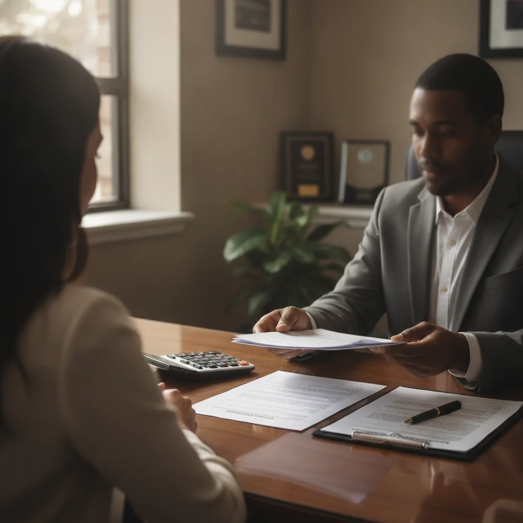 Car dealership finance manager presenting paperwork and loan documents to a new car buyer at a desk