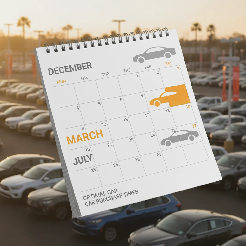 Calendar graphic highlighting optimal months for car buying overlaid on a dealership lot with new vehicles
