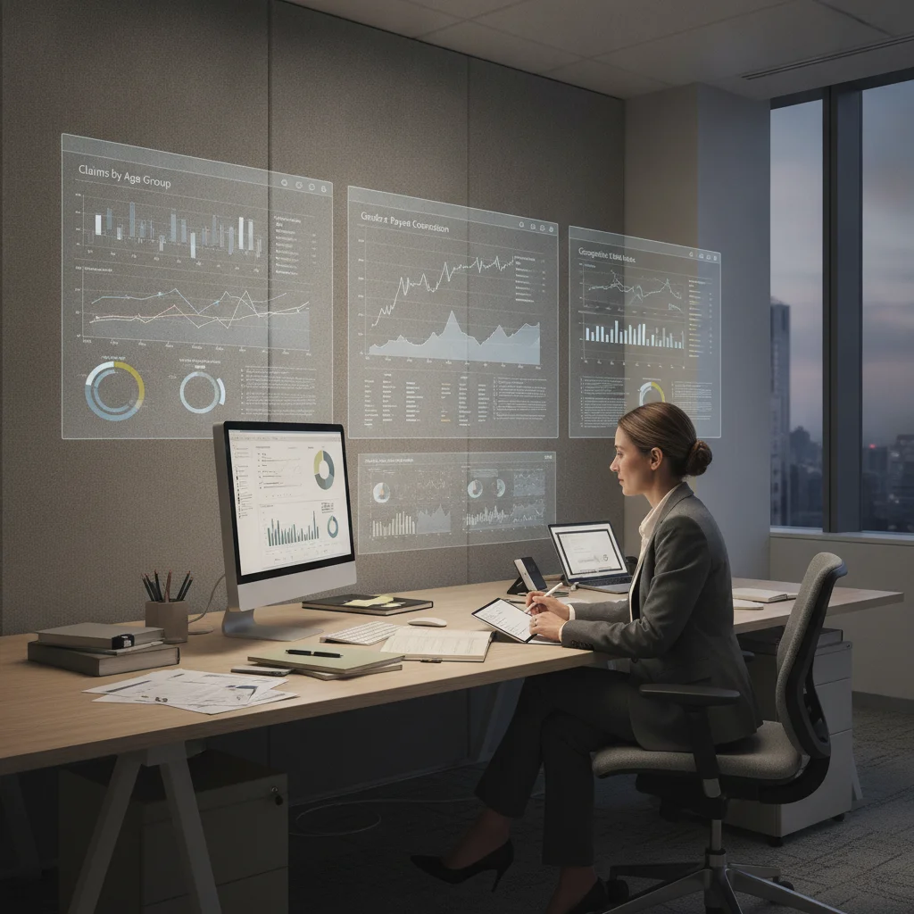 An actuary reviewing insurance claims data charts sorted by demographic variables at a desk