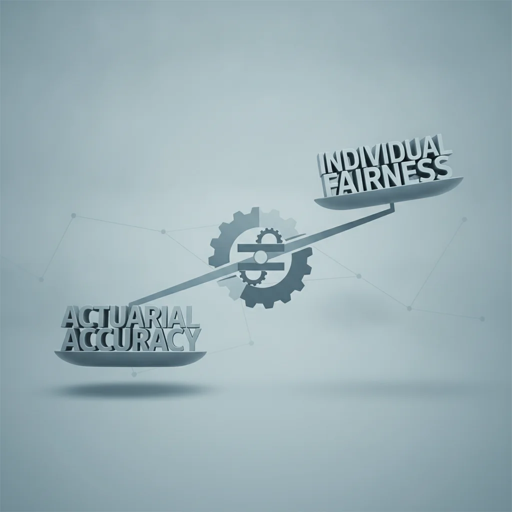 A balance scale weighing actuarial accuracy against individual fairness in insurance pricing