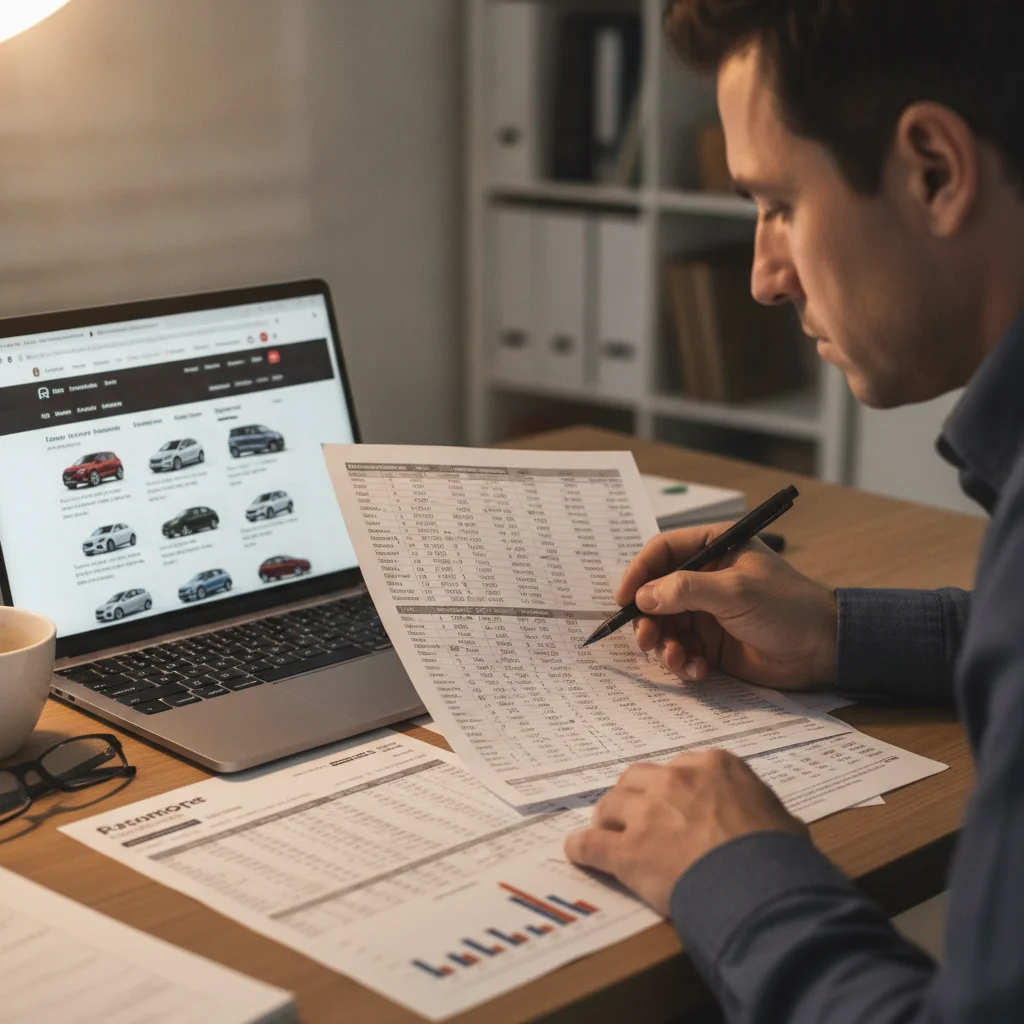 Car buyer reviewing inventory listings and market data on laptop and printed sheets at a desk
